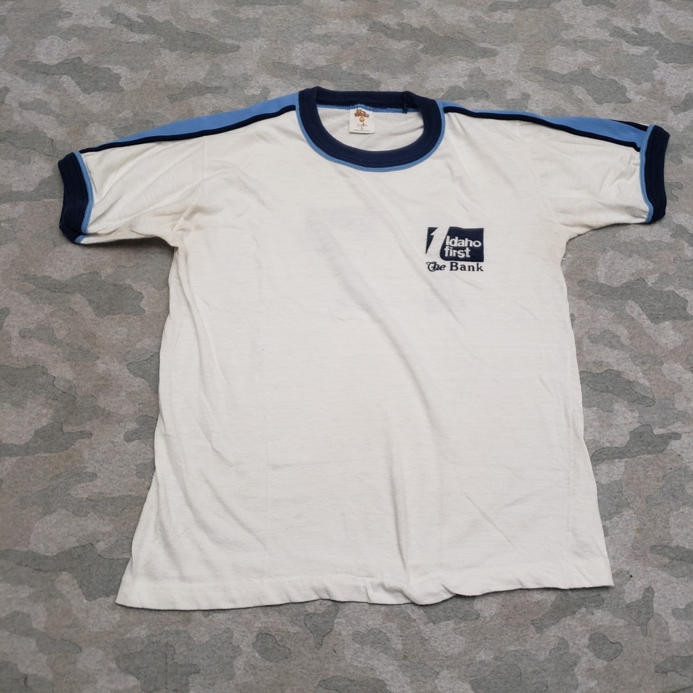 VTG Idaho First The Bank Shirt Men Large White Ringer Single Stitch Short Sleeve
